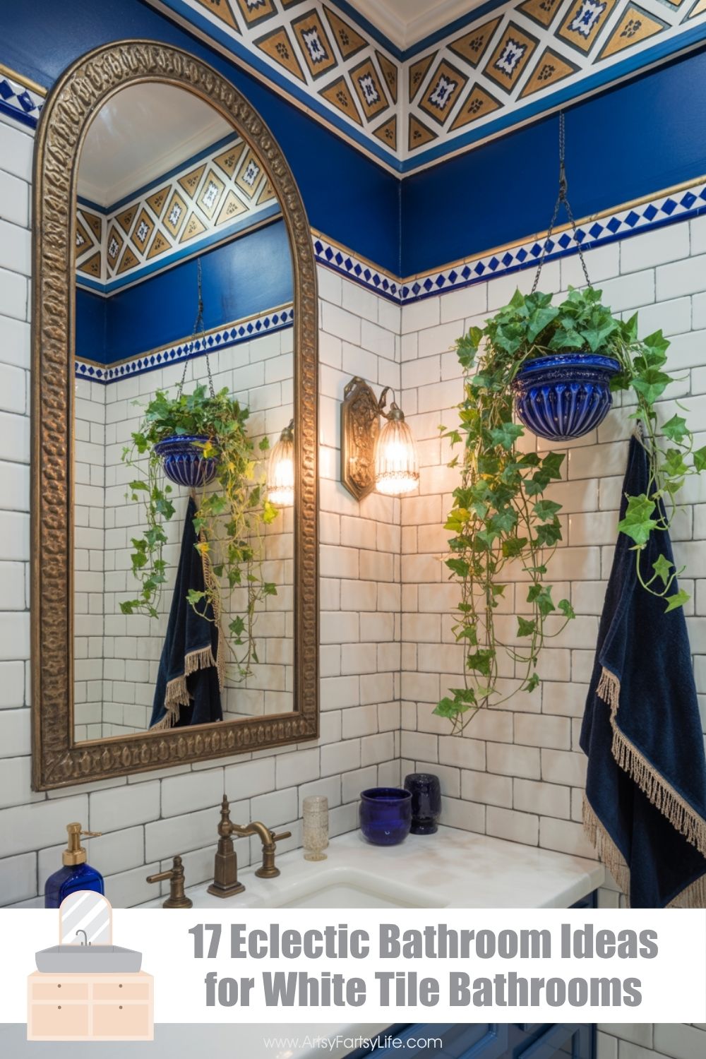 Cobalt Blue Mediterranean Bathroom Makeover With White Tiles