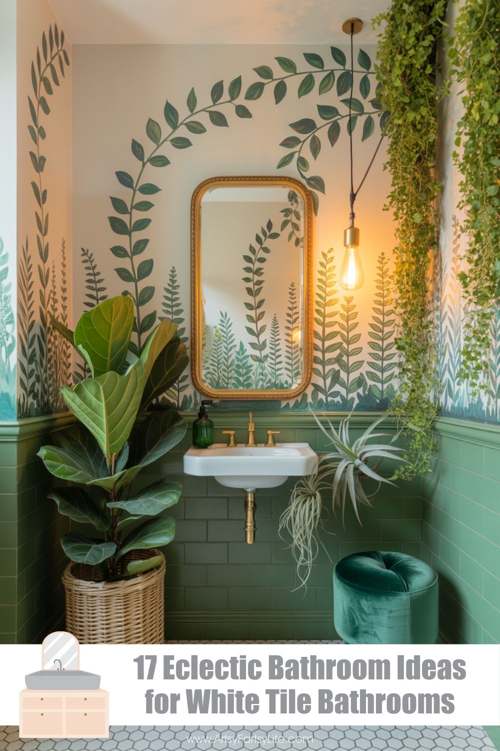 Botanical Green Bathroom With Hand-Painted Leaf Murals