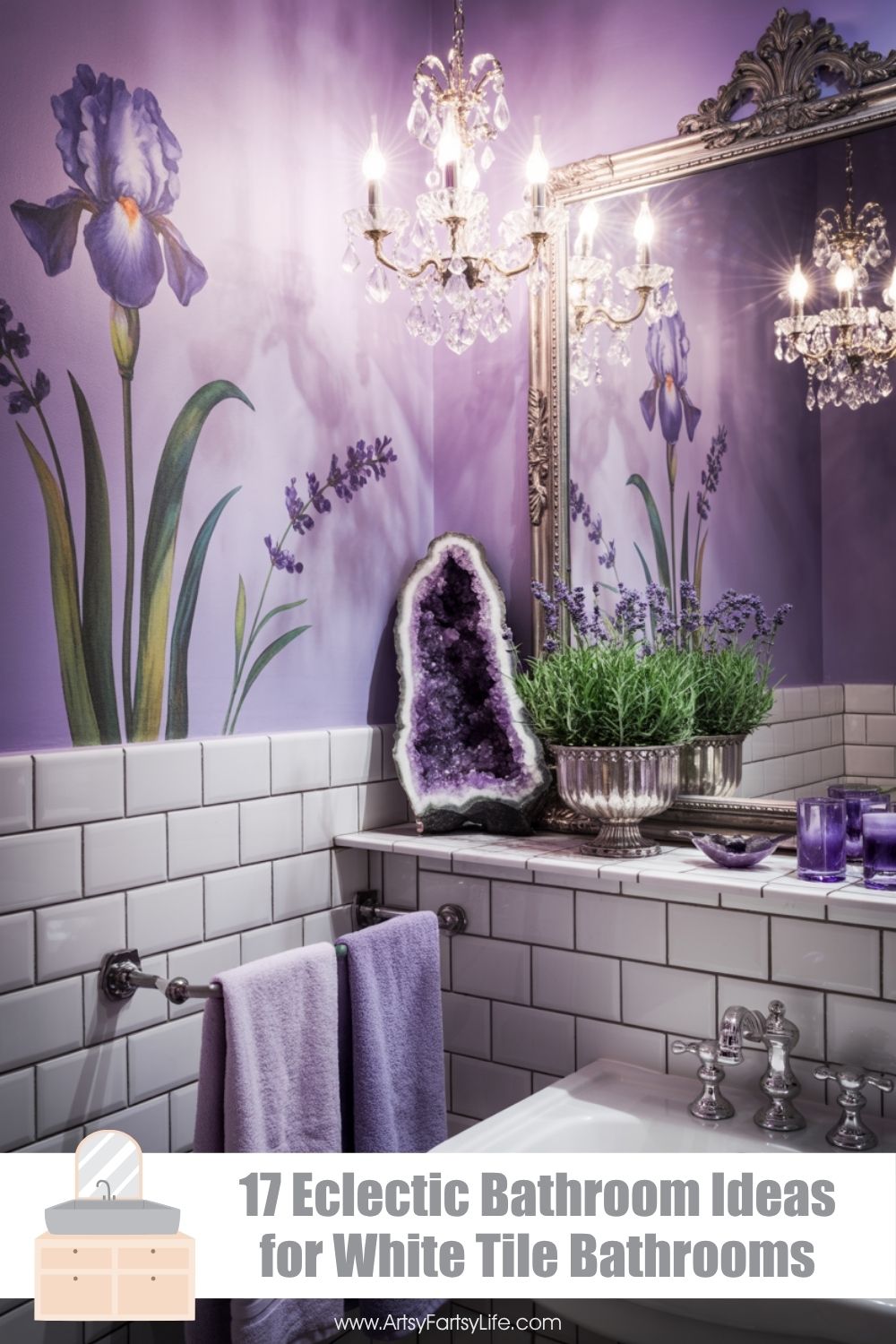 Violet Purple Bathroom With Crystal Chandelier and Amethyst Geode