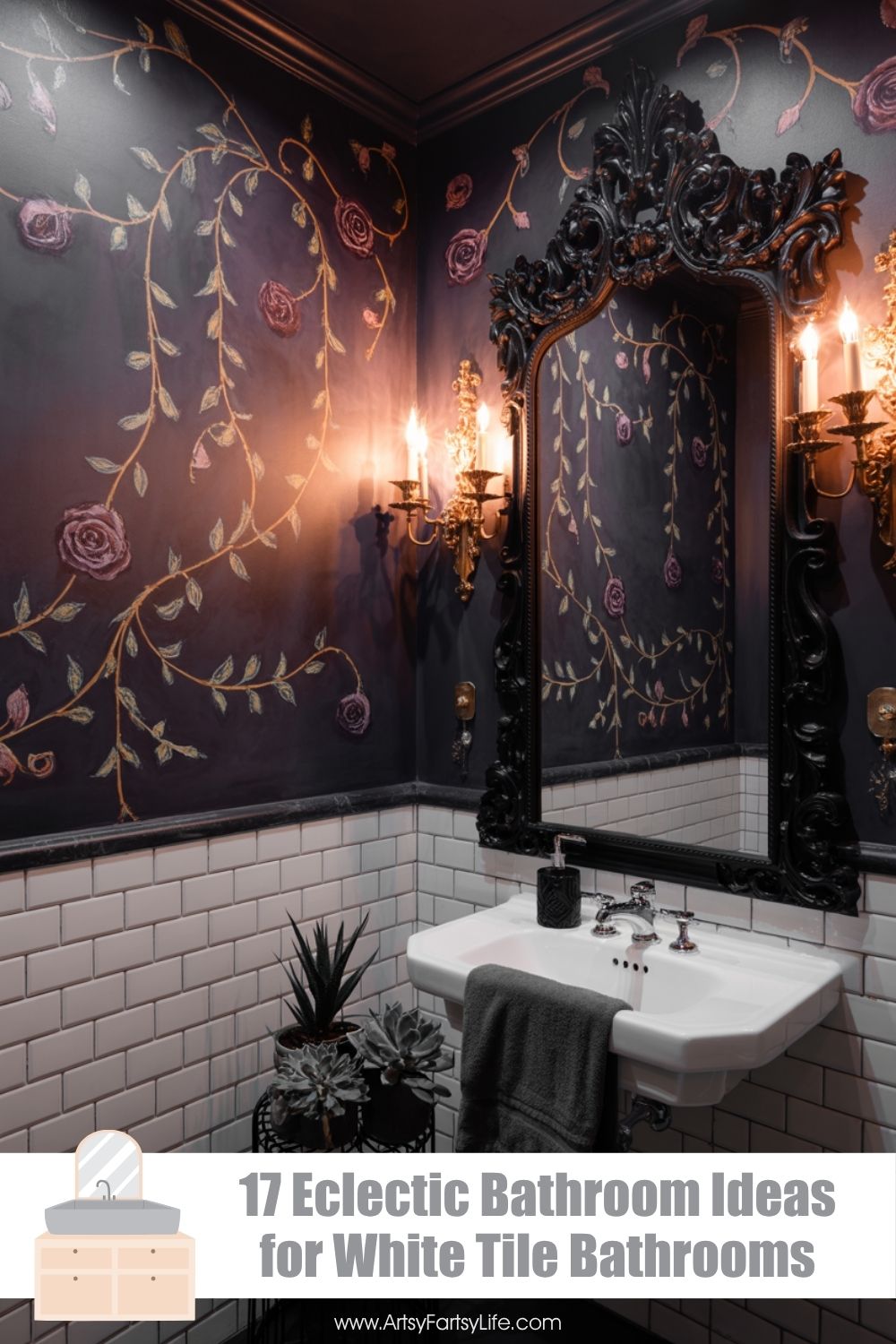 Dark Gothic Bathroom With Hand-Painted Rose Vines and Black Mirror