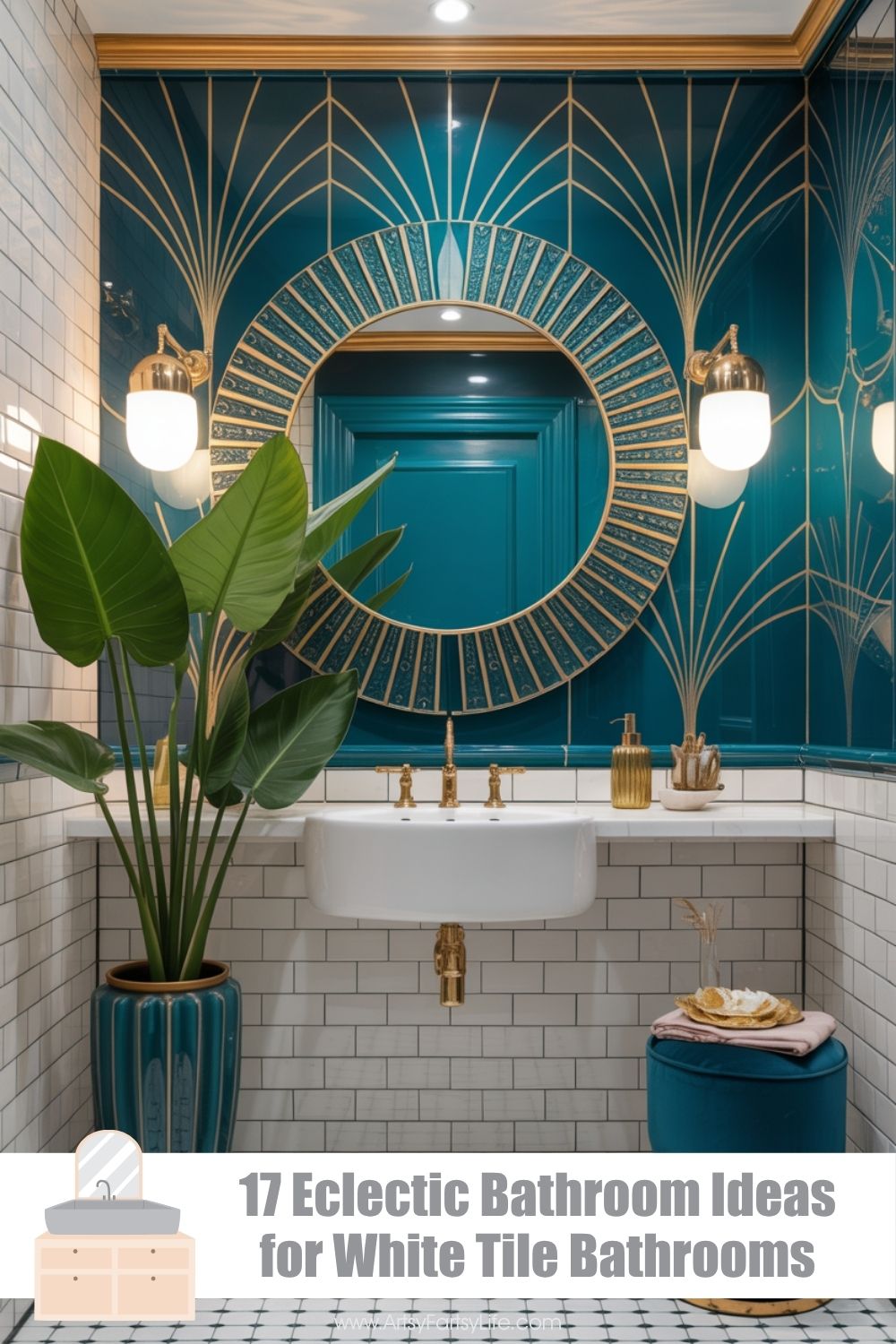 Teal Art Deco Bathroom With Gold Sunburst Mirror