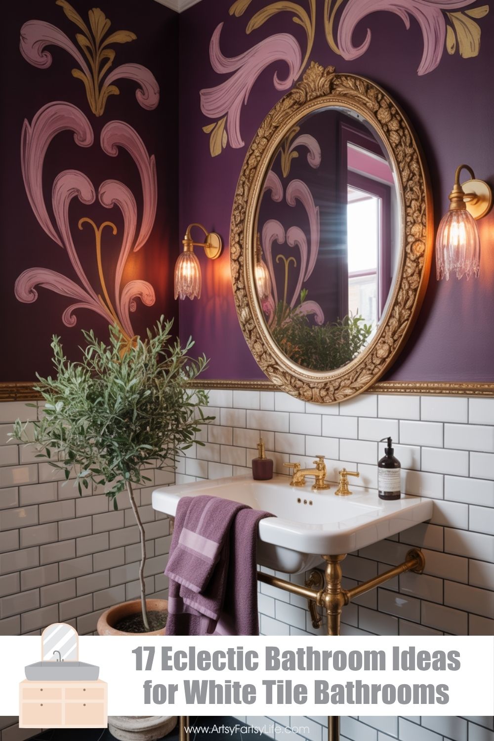 Aubergine Bathroom With Art Nouveau Murals and Gold Oval Mirror