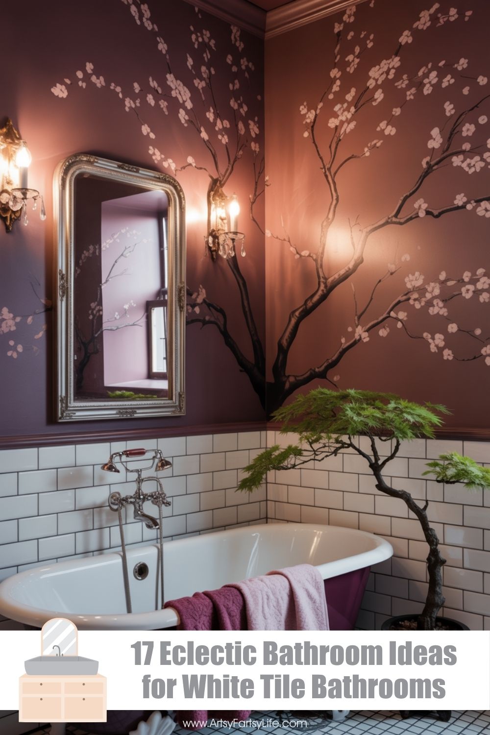 Burgundy Bathroom With Hand-Painted Cherry Blossom Mural and Clawfoot Tub