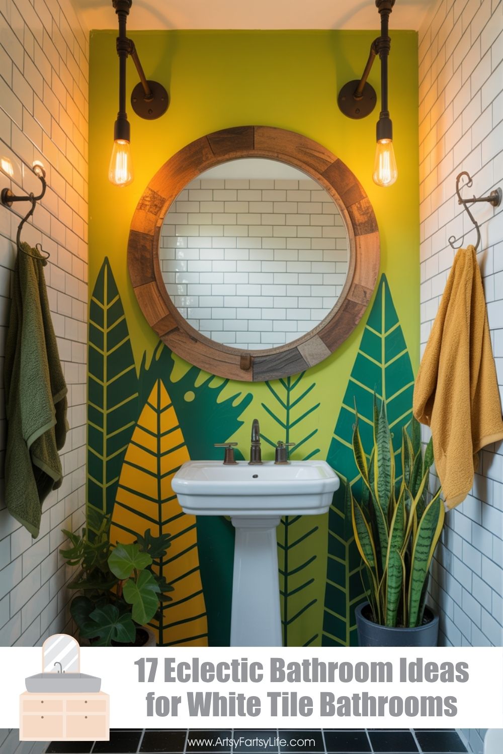 Chartreuse Green Jungle Bathroom With Graphic Leaf Mural
