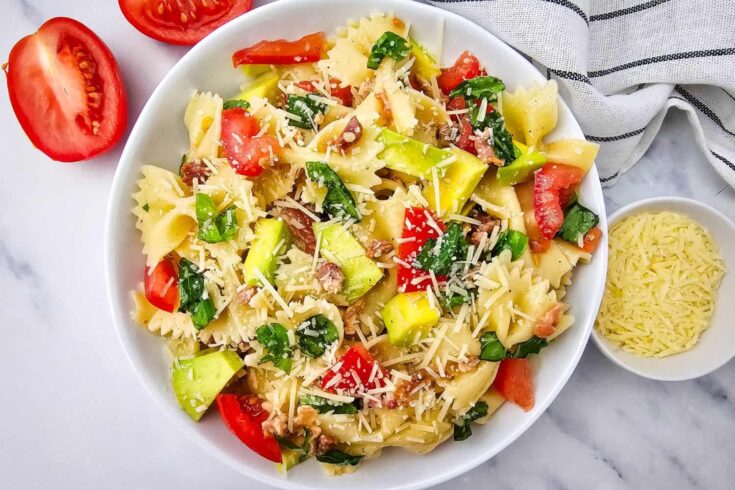 Creamy Avocado Pasta Salad with Crispy Bacon and Fresh Basil