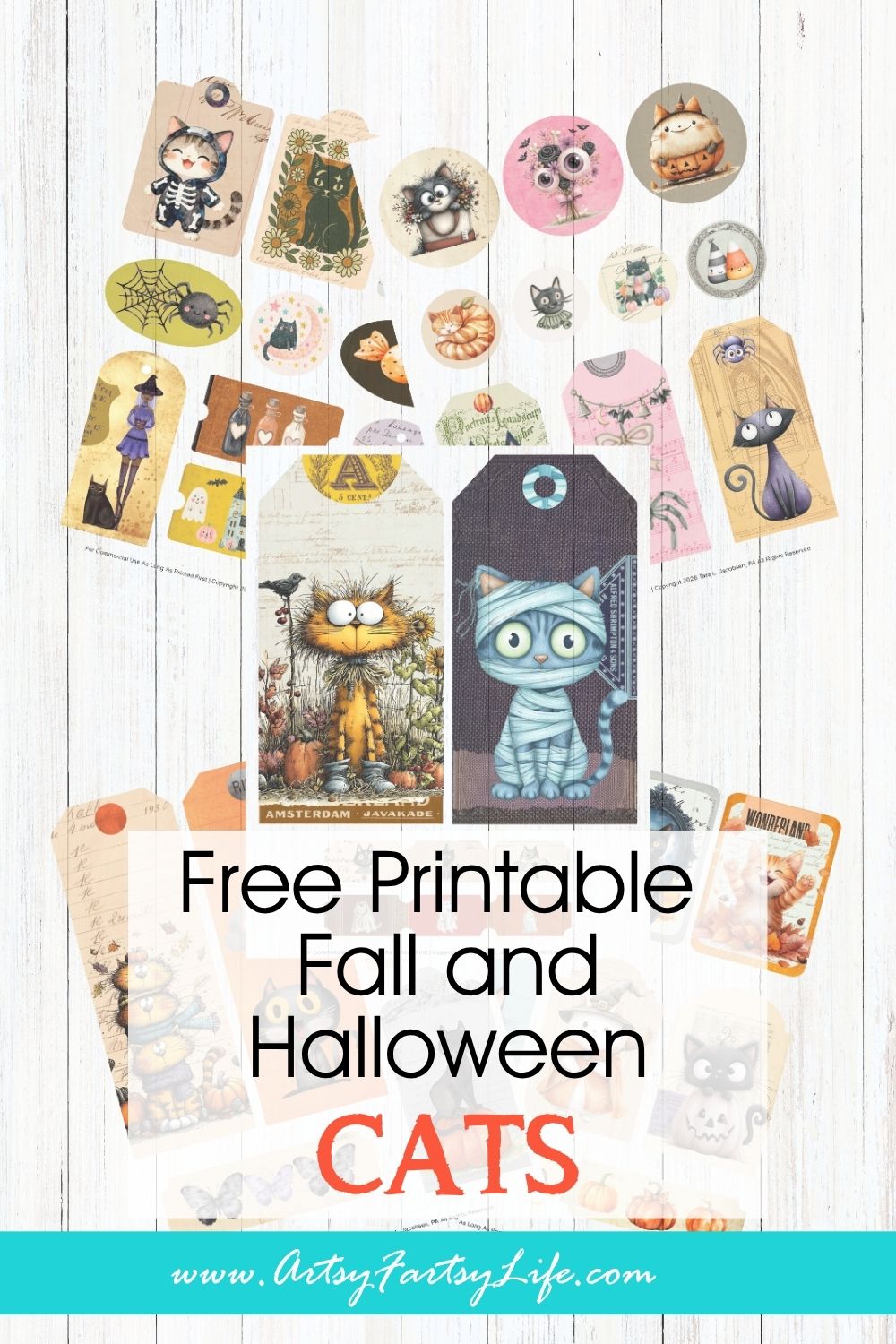 Free Halloween Cat Printables - Witchy, Whimsical Junk Journal Tags & Circle Stickers