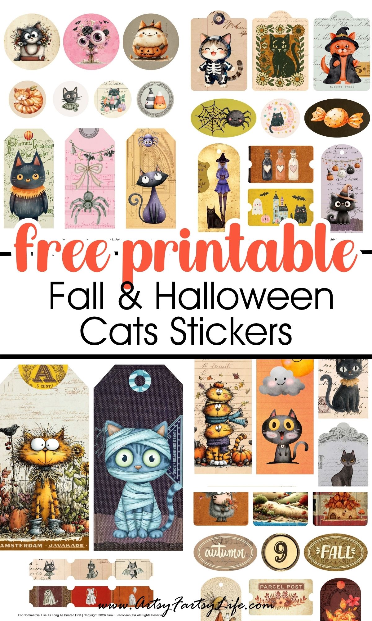 Free Halloween Cat Printables - Witchy, Whimsical Junk Journal Tags & Circle Stickers