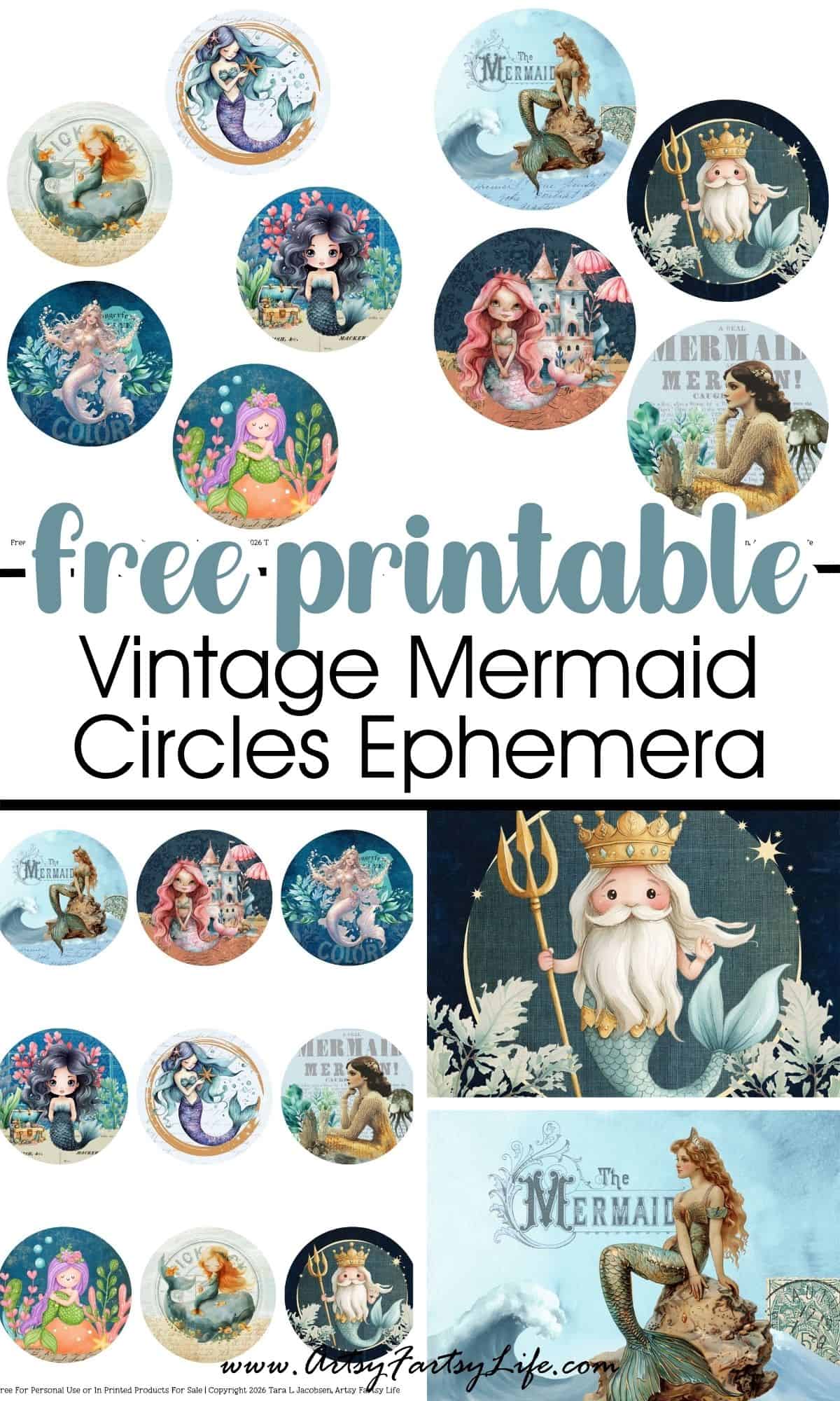 Free Mermaid Circles Printable - Vintage & Whimsical Mermaid Ephemera for Junk Journals & Jewelry