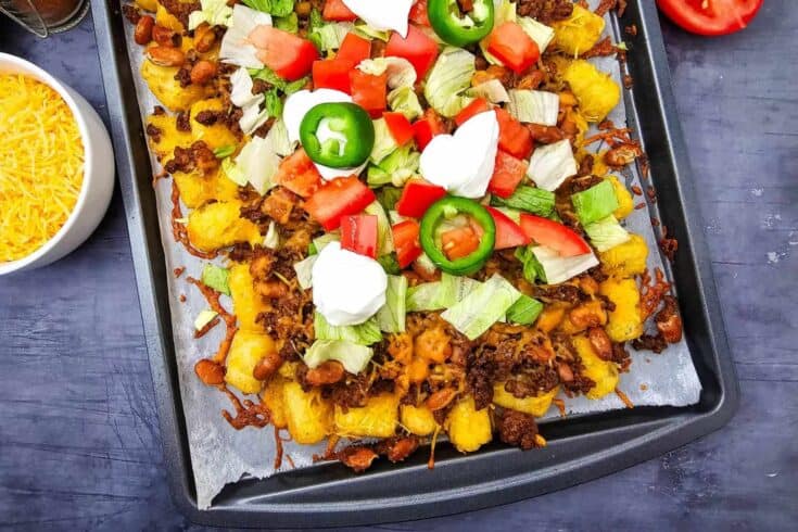 Sheet Pan Beef Tater Tot Nachos Cheesy Loaded Game Day Recipe!