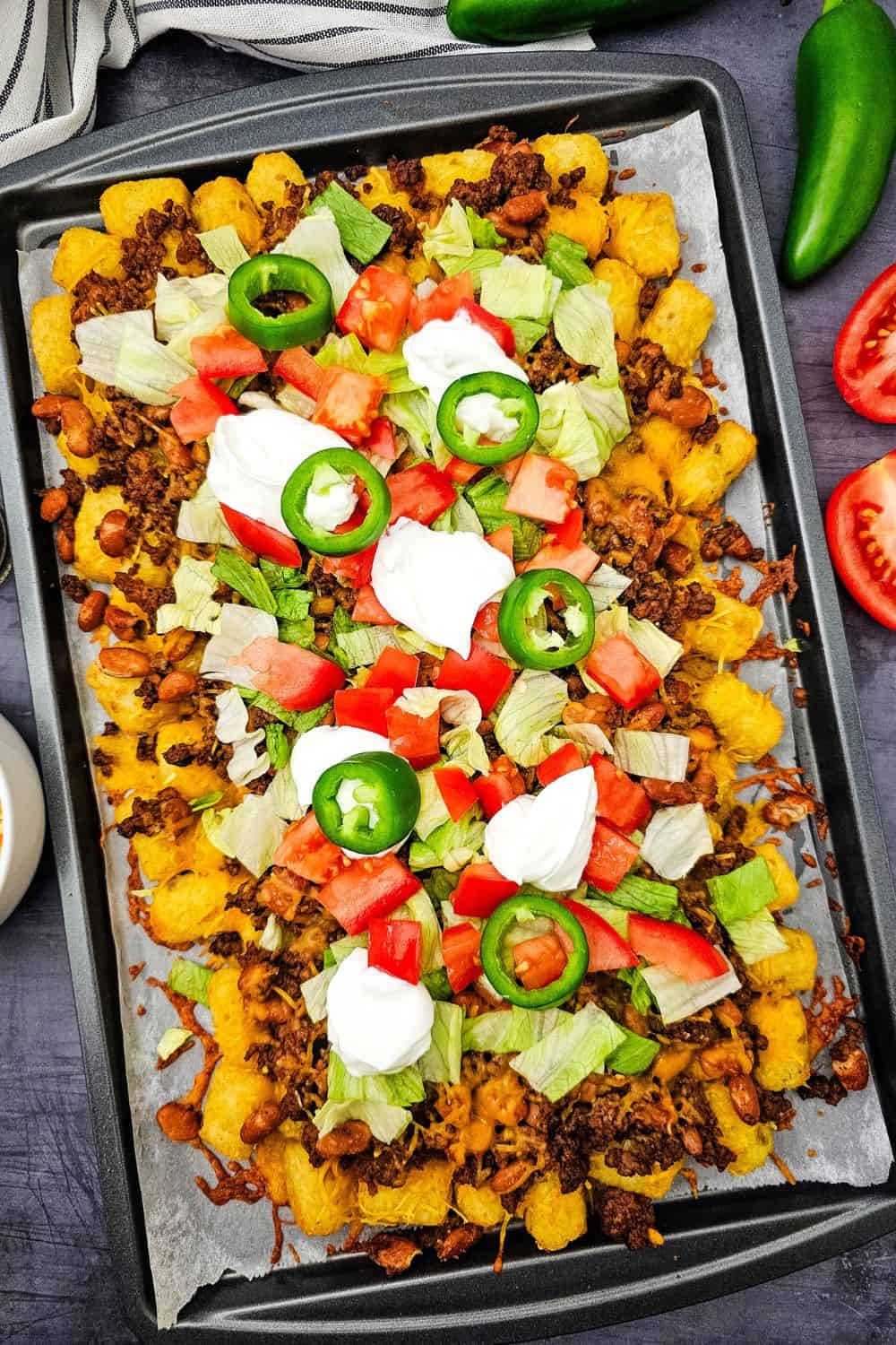 Sheet Pan Beef Tater Tot Nachos Cheesy Loaded Game Day Recipe!