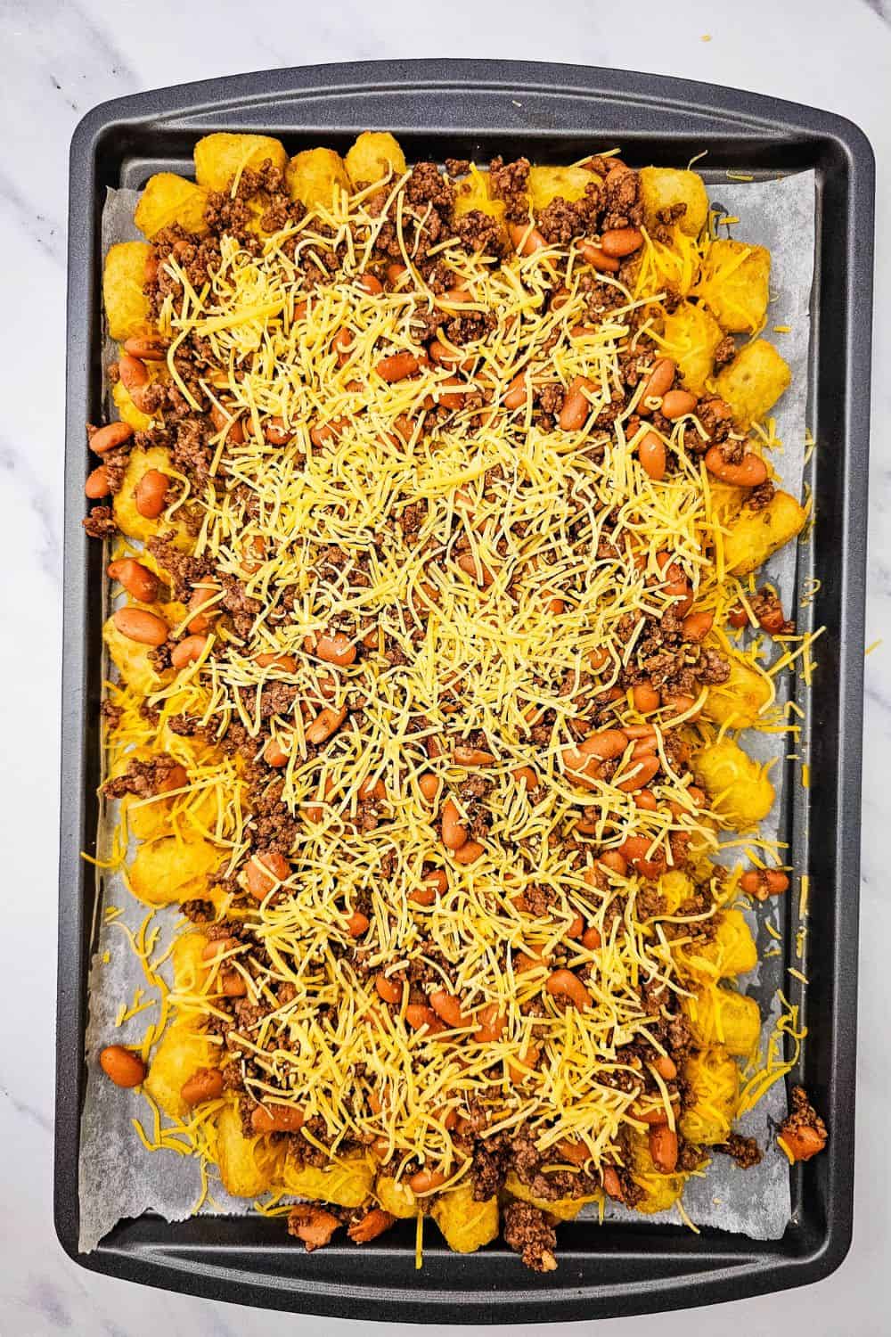 Sheet Pan Beef Tater Tot Nachos Cheesy Loaded Game Day Recipe!