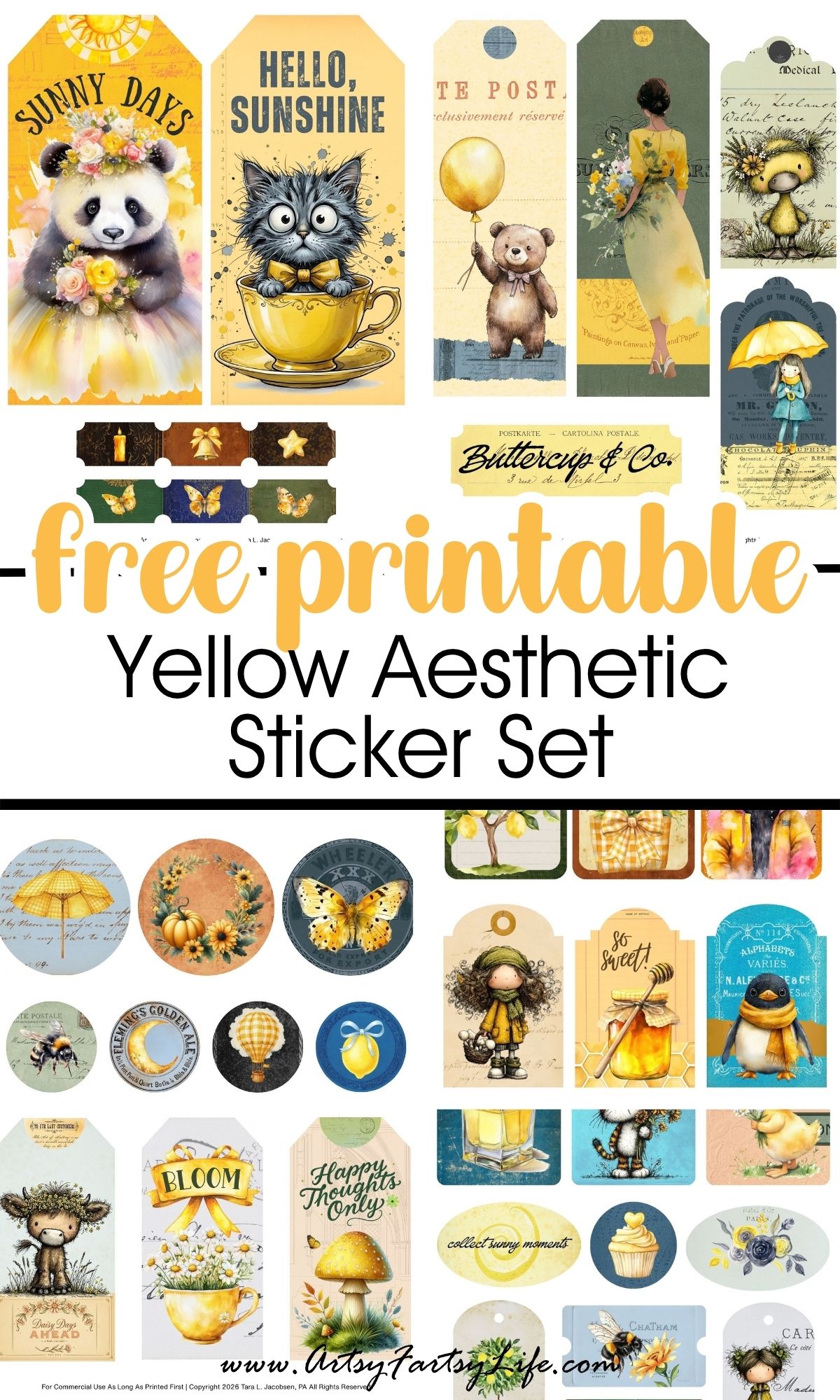 Cute Yellow Stickers Free Printable - Sunny Vintage Tags, Tickets & Circles for Junk Journals