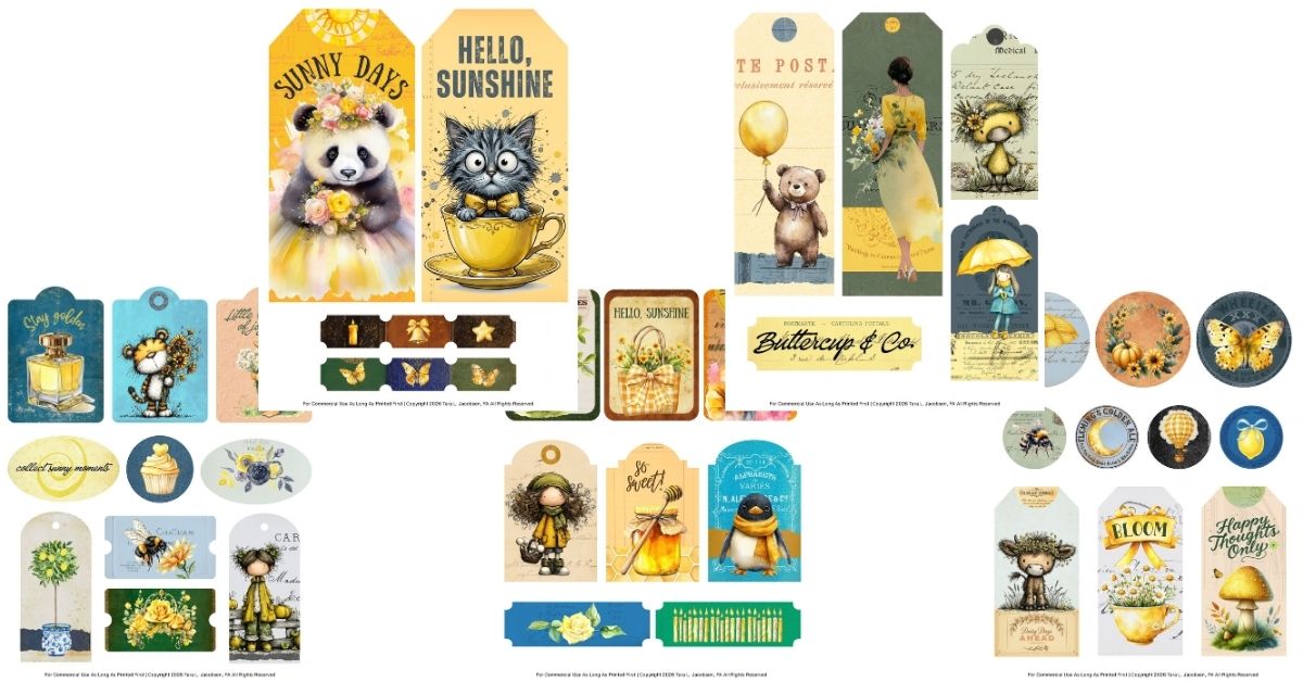 Cute Yellow Stickers Free Printable - Sunny Vintage Tags, Tickets & Circles for Junk Journals