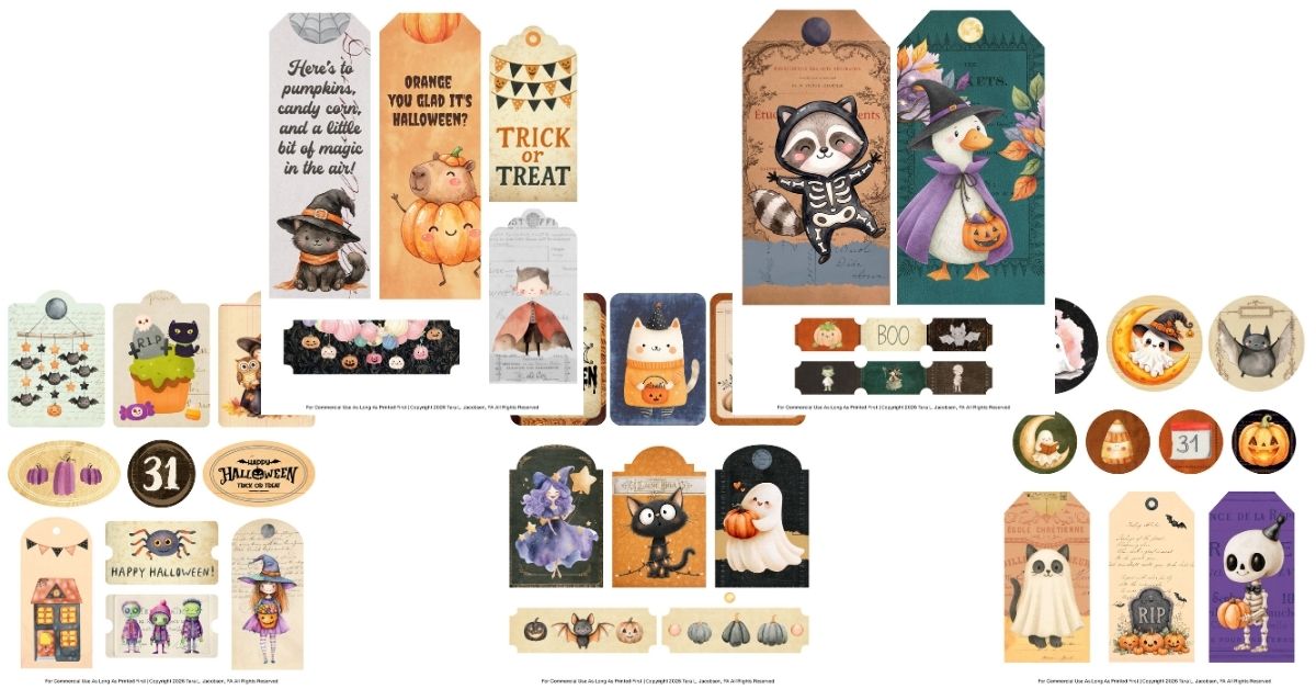 Free Cute Halloween Stickers - Vintage Ghosts, Cats & Pumpkins Junk Journal Sheet