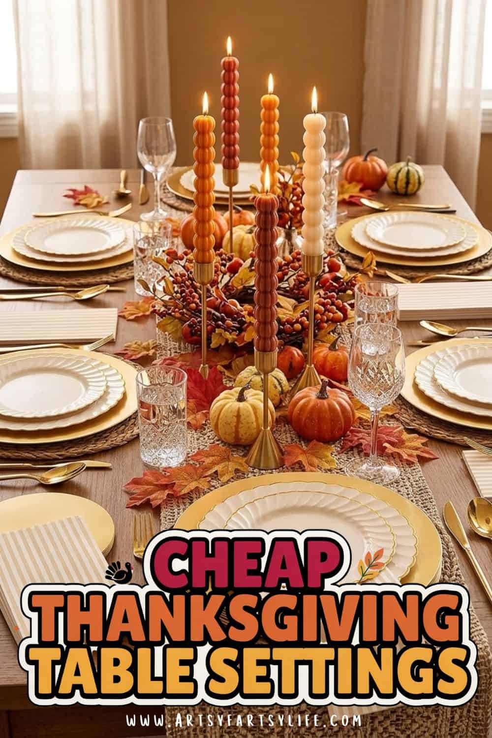 Thanksgiving Hosting Ideas: A Cheap and Beautiful Table Your Guests Will Love - Planning Thanksgiving hosting ideas for this year? Start with the table! I share cheap Thanksgiving table settings, simple Thanksgiving table decor and easy Thanksgiving tablescapes that make guests feel welcome. Affordable chargers, pretty paper plates, gold silverware and candles create a gorgeous Thanksgiving dinner table. Save this for your holiday hosting plans and shop the look on the blog!