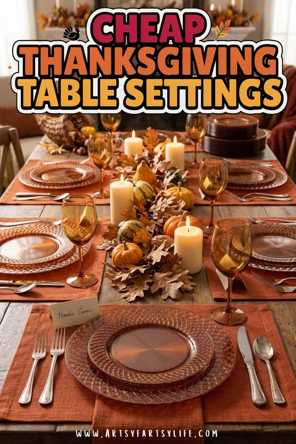 Elegant Thanksgiving Table Setting Ideas That Secretly Cost Less - Elegant Thanksgiving table setting ideas do not have to cost a fortune! Gold chargers, gold disposable silverware, stemmed plastic wine glasses and crisp napkins give you classic Thanksgiving tablescapes elegant enough for company. Cheap Thanksgiving table settings that look polished and pretty. Perfect for your Thanksgiving dinner table setting this year. Visit the blog for the full list of affordable elegant picks!