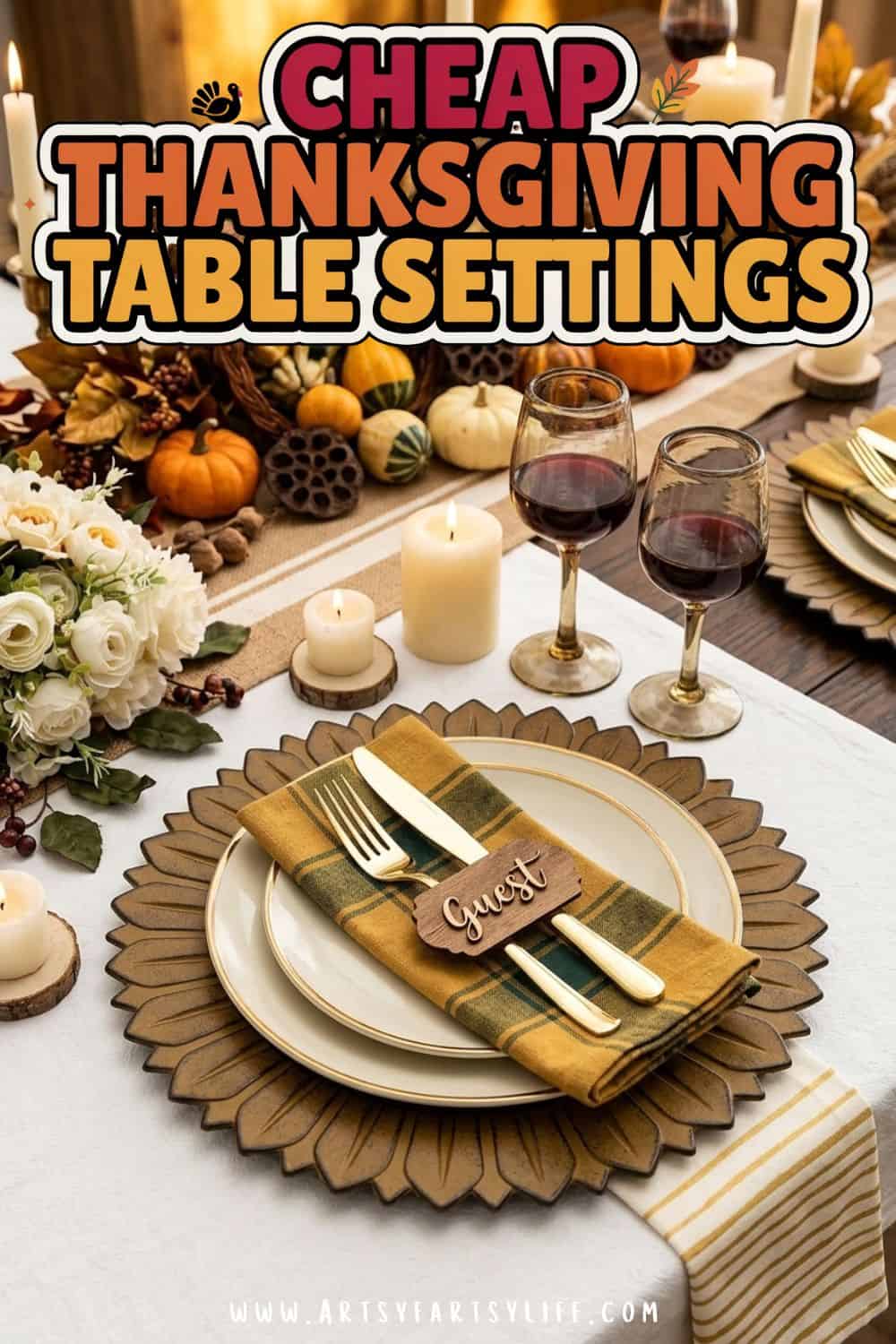 Thanksgiving Table Setup Ideas: 8 Budget-Friendly Layers for a Gorgeous Table - These Thanksgiving table setup ideas break it down into 8 easy layers: tablecloth, table runner, placemats, chargers, plates, napkins, silverware and cups. Each piece is inexpensive, but together they create a beautiful Thanksgiving dinner table setting. Simple Thanksgiving table settings for traditional, modern or elegant hosts. Read the full guide and shop my affordable Thanksgiving table decor picks!