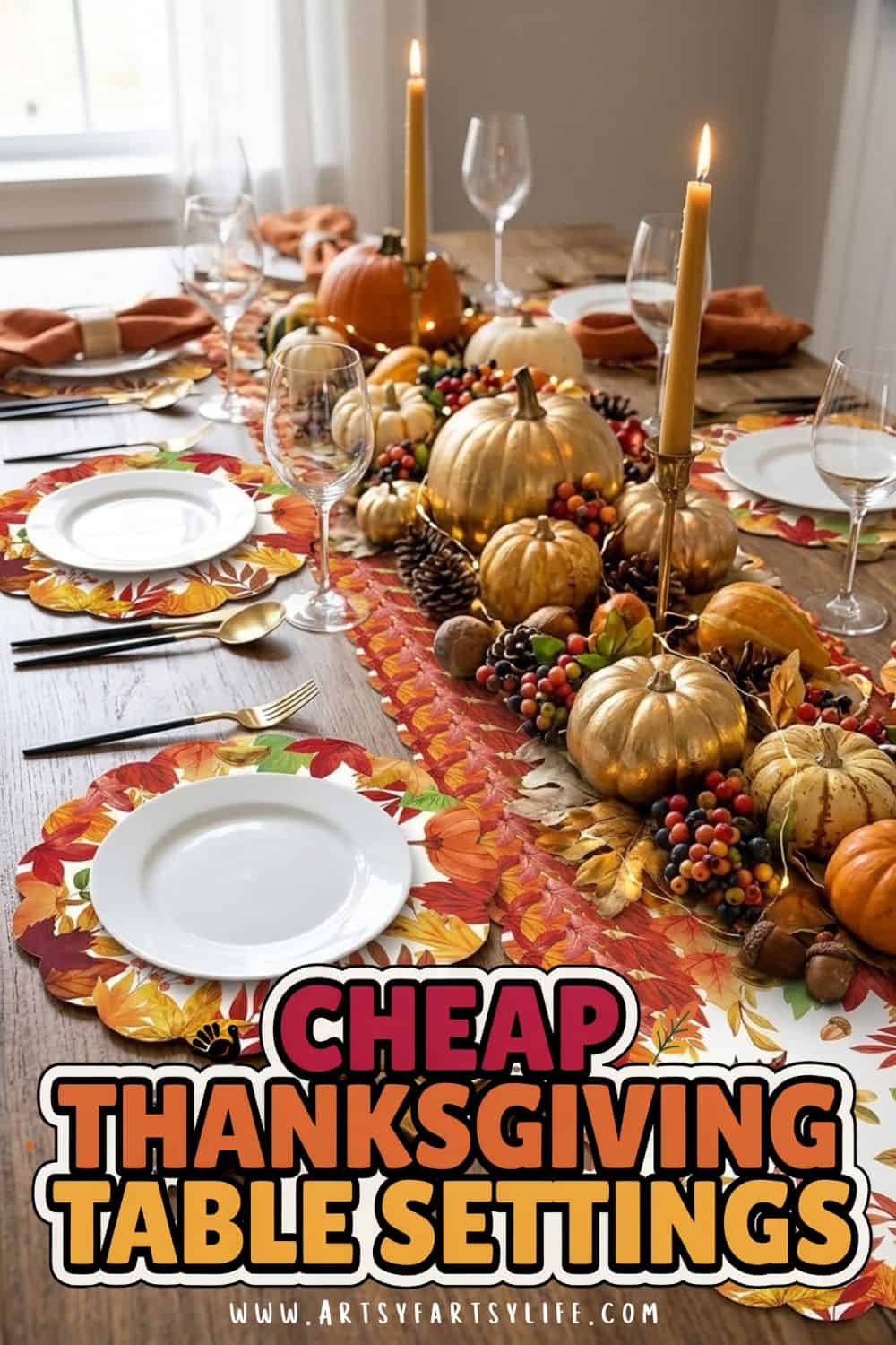 Thanksgiving Table Settings With Paper Plates That Actually Look Pretty - Yes, Thanksgiving table settings with paper plates can be beautiful! I found pretty disposable Thanksgiving plates in large sizes that hold a whole plate of turkey and dressing, plus matching napkins, gold plastic silverware and upscale plastic cups. Disposable Thanksgiving table settings mean easy cleanup and a gorgeous Thanksgiving table. Save this pin and grab my favorite paper plate finds!