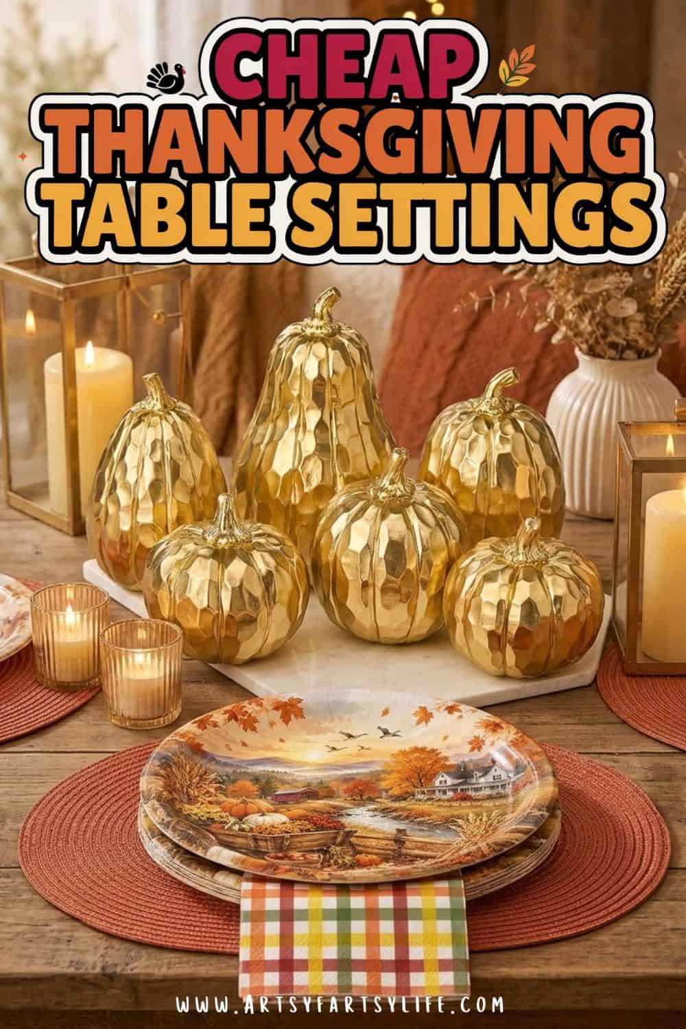Friendsgiving Table Setting Ideas That Look Gorgeous for Less - These cheap Thanksgiving table settings work beautifully for Friendsgiving too! Layer an affordable tablecloth, table runner, chargers and pretty paper plates, then add gold silverware and upscale plastic cups. Easy Friendsgiving tablescape ideas, simple table decor and Thanksgiving hosting ideas for a fun, fuss-free dinner with friends. Save this and grab the full shopping list on the blog!