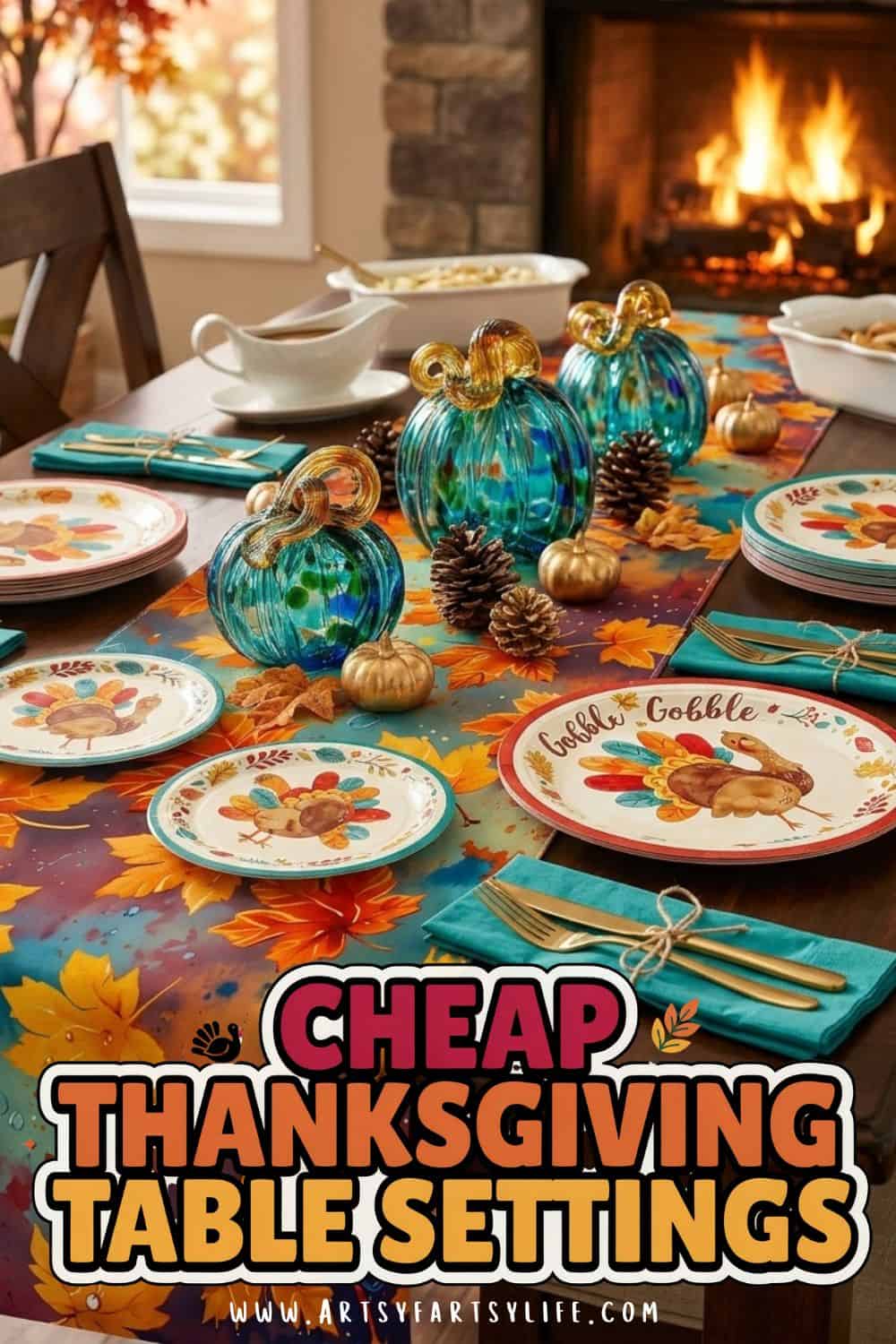 Teal and Orange Thanksgiving Table Decor Ideas – A Fresh, Modern Fall Look - Teal and orange Thanksgiving table decor feels fresh, colorful and still totally fall! See how I built a modern Thanksgiving table with teal accents, orange napkins and fall leaves, all using cheap Thanksgiving table settings from Amazon. Easy Thanksgiving tablescape ideas for anyone who wants a colorful Thanksgiving table that is not the usual brown and gold. Save this for teal and orange fall decor inspiration!