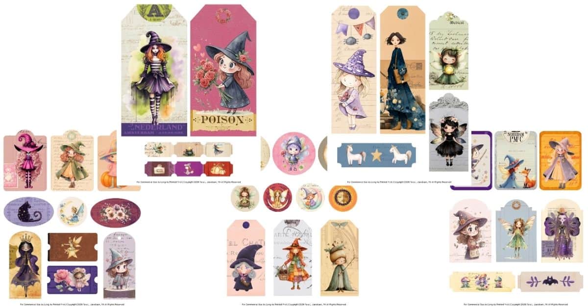 Witchy Fairy Stickers Printable Set - Vintage Halloween & Cottagecore Ephemera