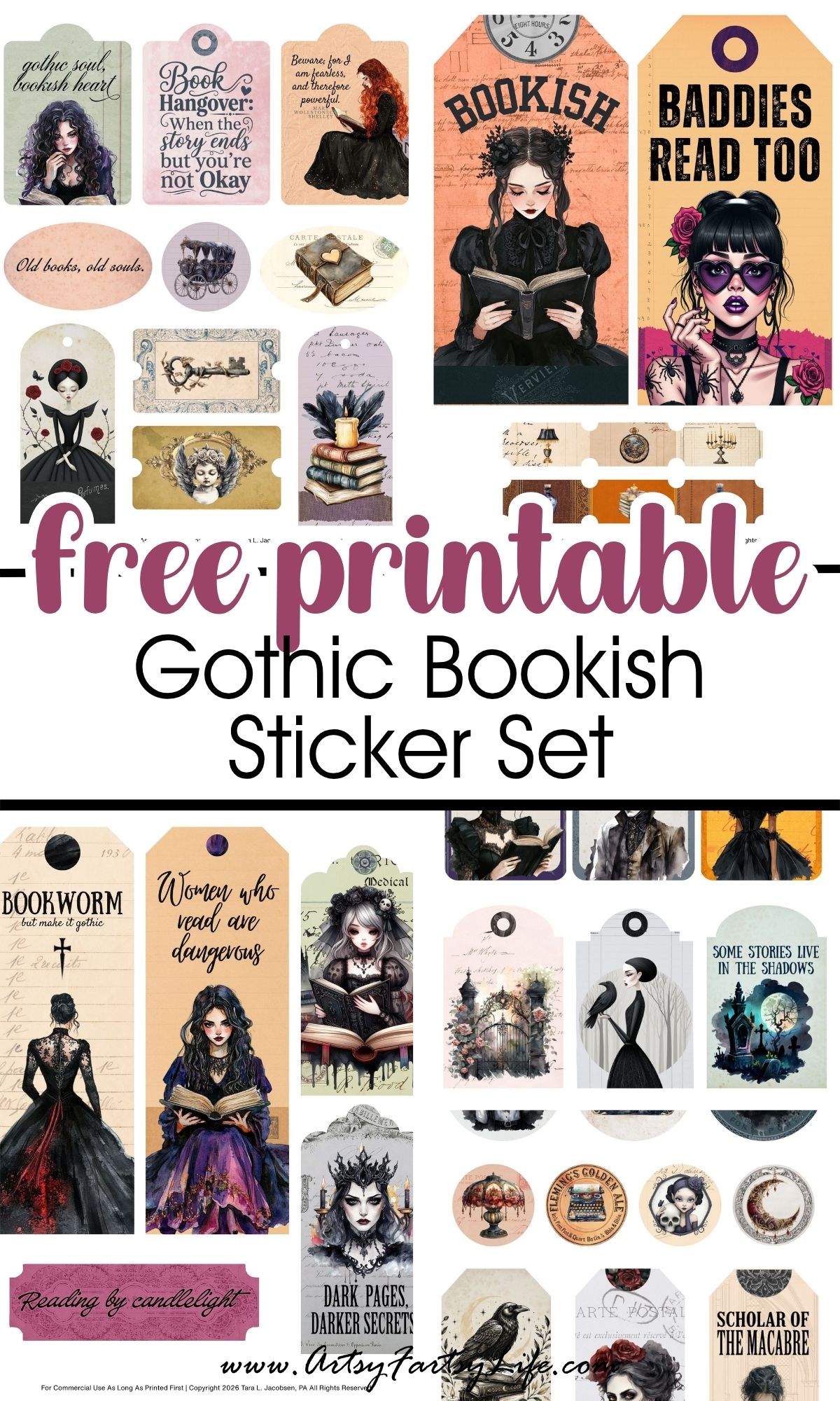 Gothic Bookish Stickers Free Printable Dark Academia Junk Journal Sheet