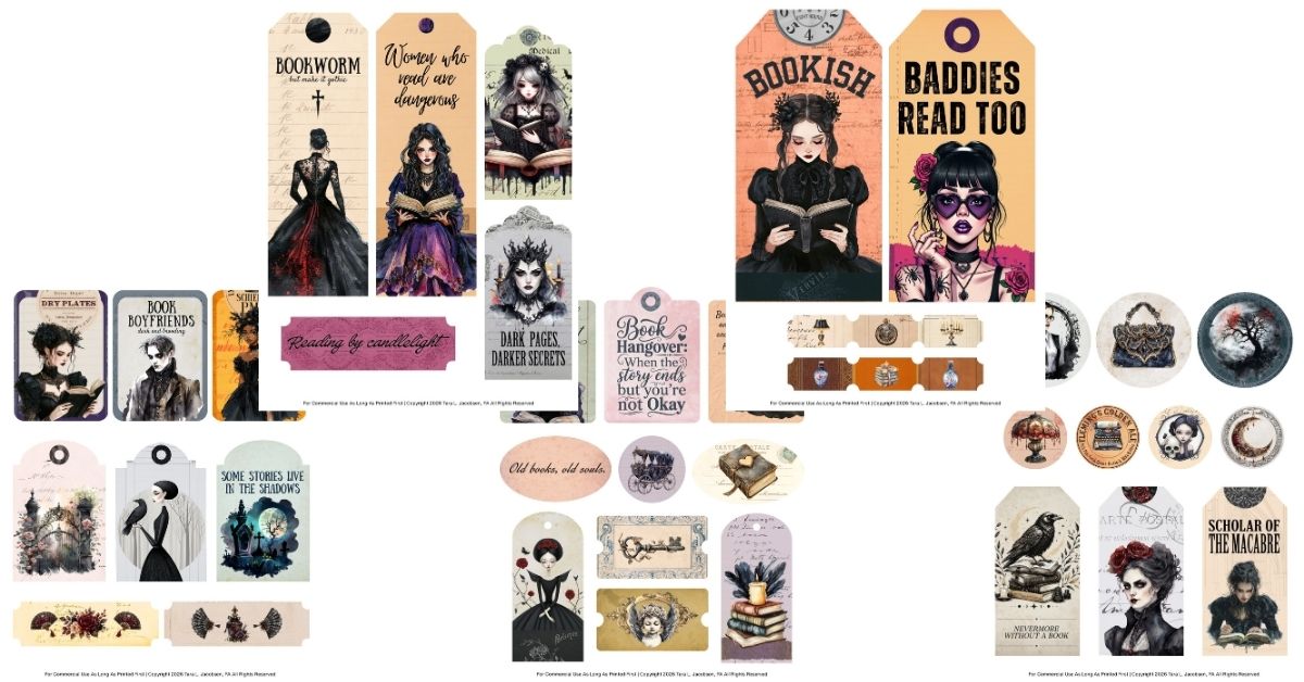 Gothic Bookish Stickers Free Printable Dark Academia Junk Journal Sheet 