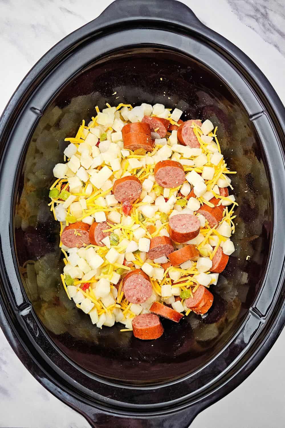 Crockpot Cheesy Potatoes with Smoked Sausage - Easy Dump and Go Dinner to Make Tonight