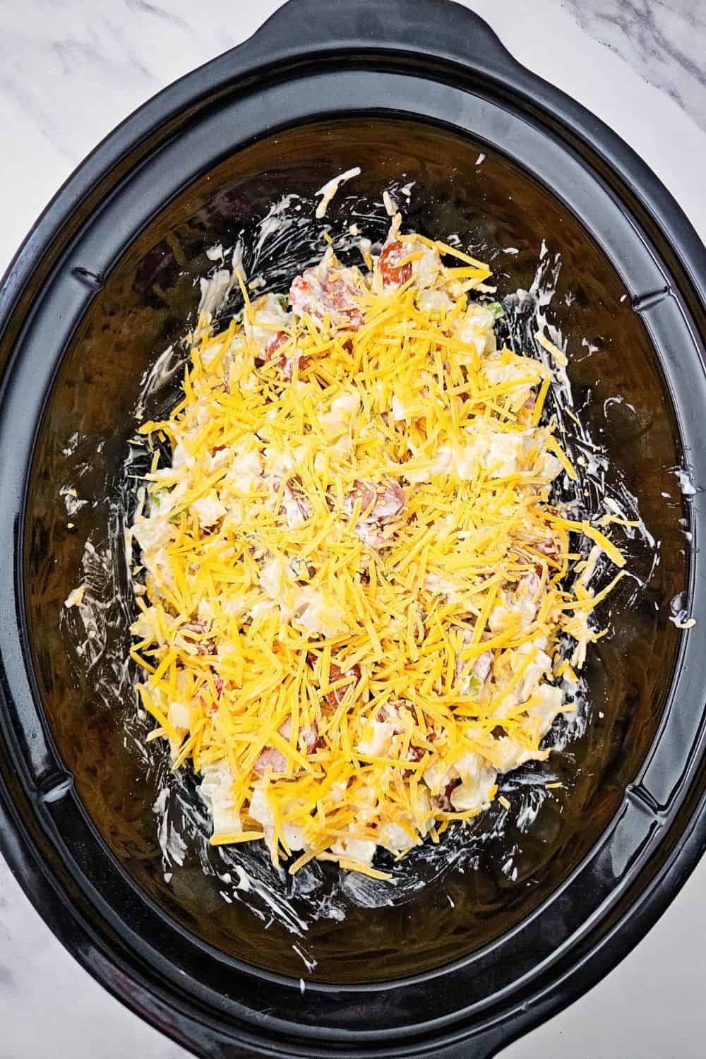 Crockpot Cheesy Potatoes with Smoked Sausage - Easy Dump and Go Dinner to Make Tonight