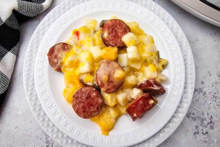 Crockpot Cheesy Potatoes with Smoked Sausage - Easy Dump and Go Dinner to Make Tonight