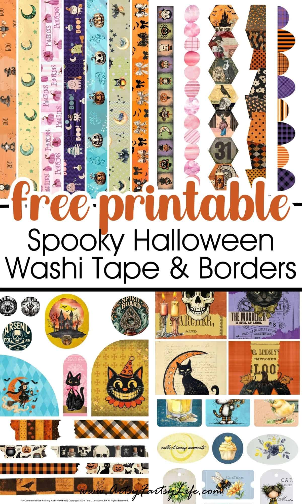 Spooky Halloween Junk Journal Washi Tape and Borders Printables - Cute Vintage Sticker Sheets