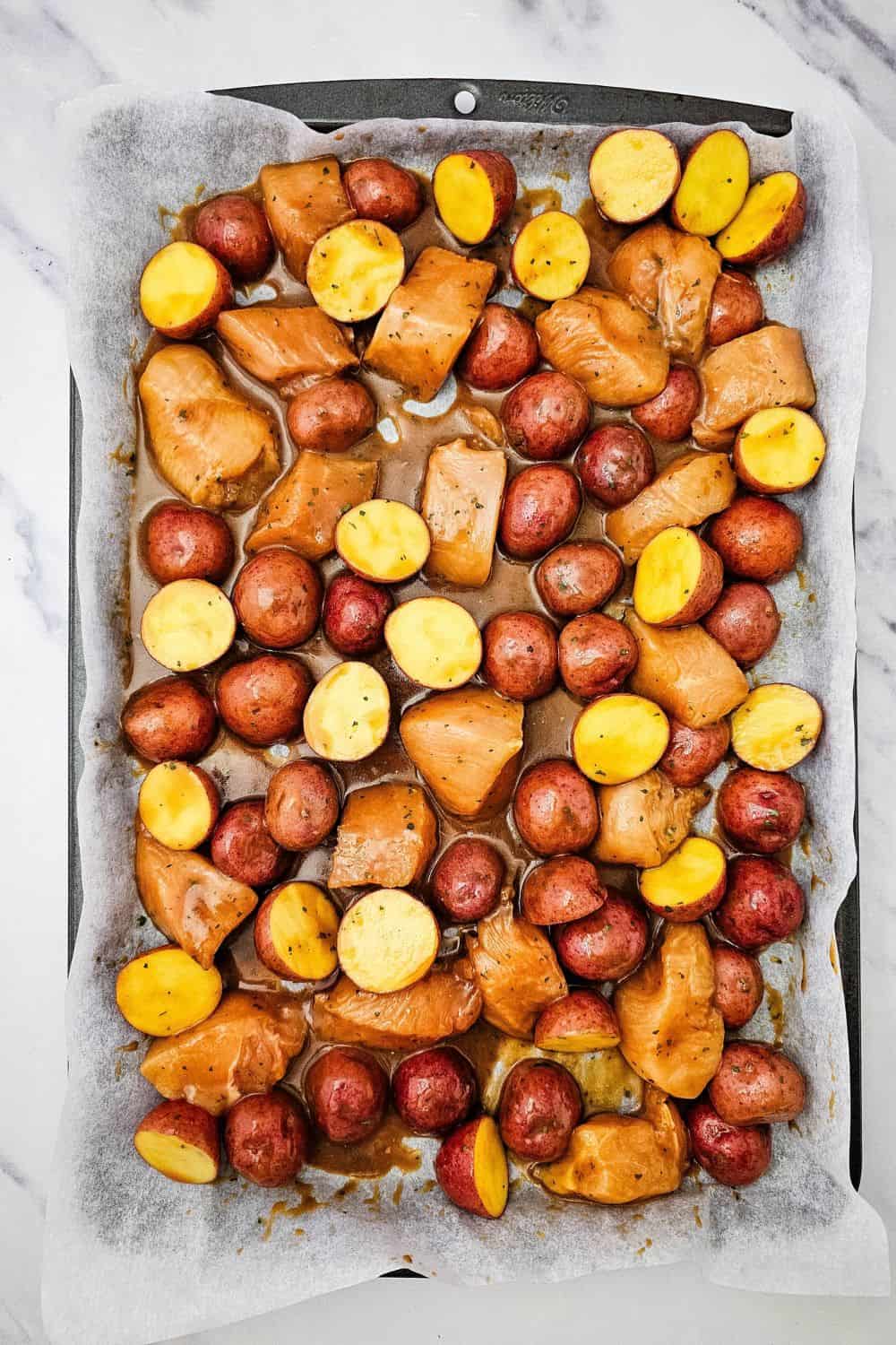 Oven Baked Sheet Pan Mississippi Chicken With Crispy Baby Red Potatoes