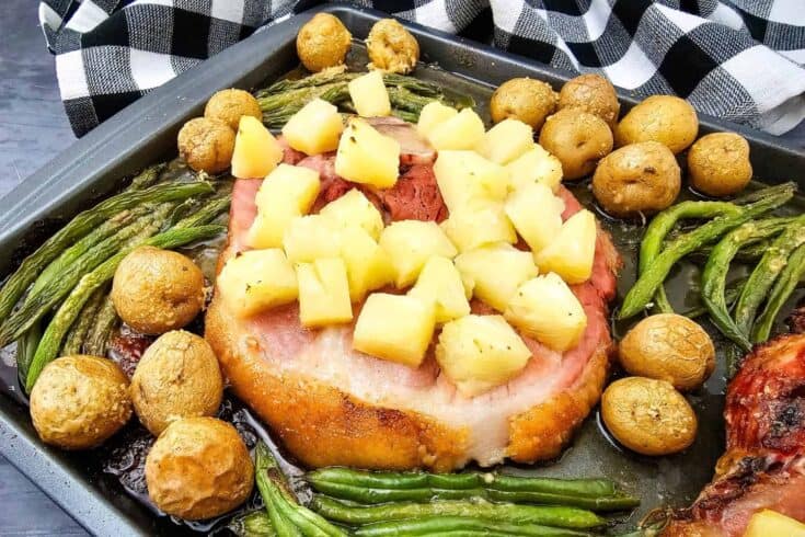 Easy Ham Steak Sheet Pan Dinner with Pineapple, Potatoes and Green Beans - Make It Tonight!
