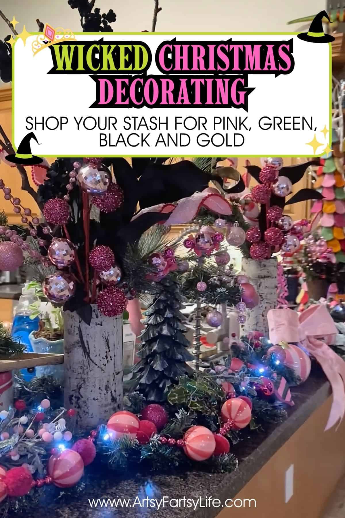 Looking for Wicked Christmas decorations but coming up empty? Same here! When I couldn’t find a single Wicked-themed piece in the stores, I created my own Wicked Christmas decor display using what I already had plus a few smart finds. With a palette of dark green and black for Elphaba and pink and gold for Galinda, I turned my kitchen counter into a pink and green Christmas showstopper for my Wicked-loving granddaughter.