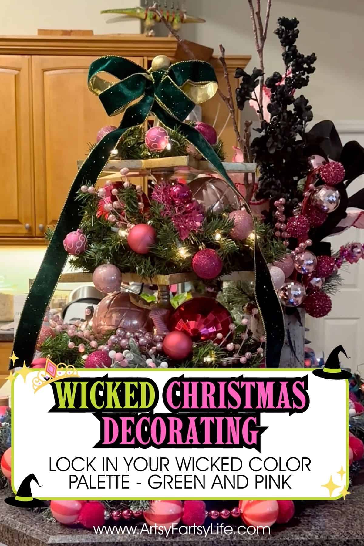Looking for Wicked Christmas decorations but coming up empty? Same here! When I couldn’t find a single Wicked-themed piece in the stores, I created my own Wicked Christmas decor display using what I already had plus a few smart finds. With a palette of dark green and black for Elphaba and pink and gold for Galinda, I turned my kitchen counter into a pink and green Christmas showstopper for my Wicked-loving granddaughter.